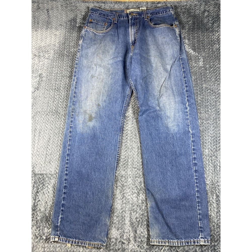 Levis 569 Jeans Men's 34x34 Blue Denim Cotton Straight Leg Loose Fit Worn Hems